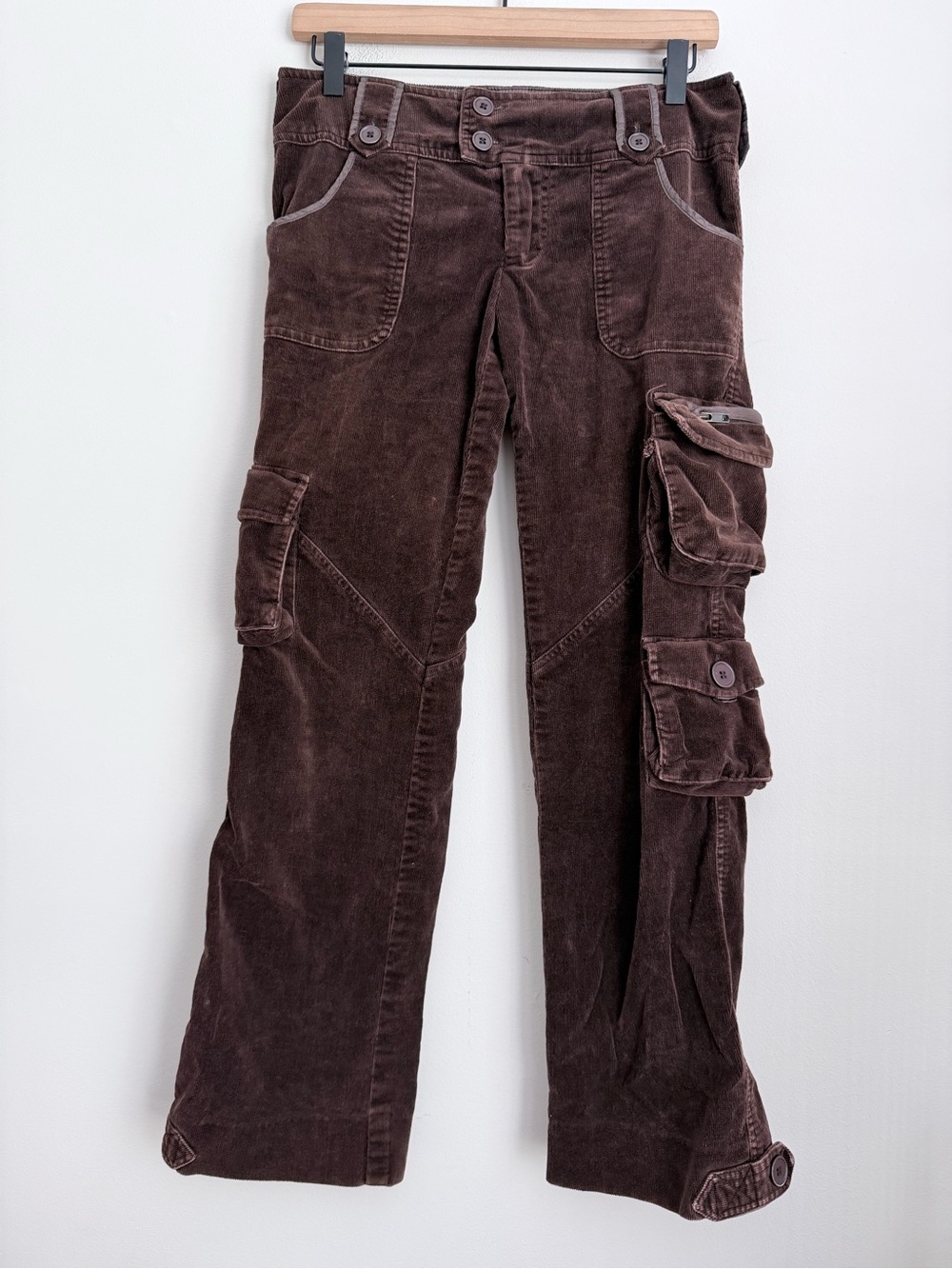 Aziz brown corduroy cargo pants straight Low Rise flap pockets vintage Y2K Small - Picture 2 of 7